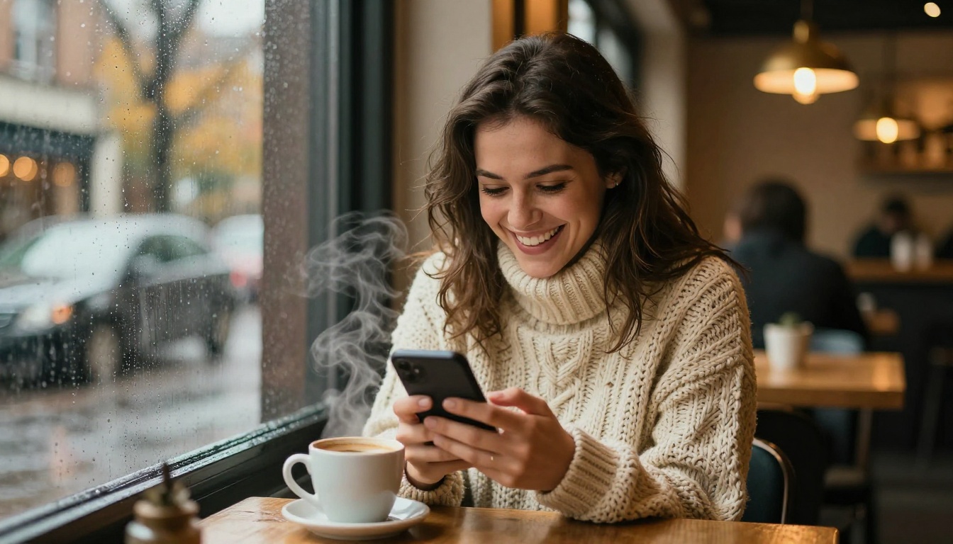 Woman laughing at phone in rainy coffee shop, chunky knitted sweater, warm cafe light