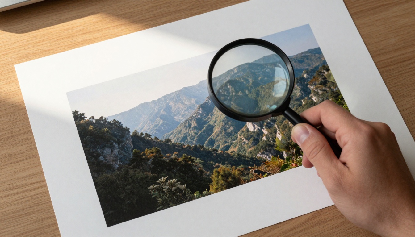 Overhead magnifying glass over printed photo showing blur vs sharp detail Overhead magnifying glass over printed photo showing blur vs sharp detail