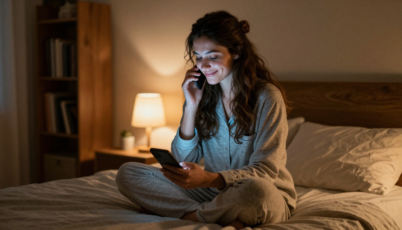 Woman in pajamas on bed at night, phone gently illuminating face, warm bookshelf background