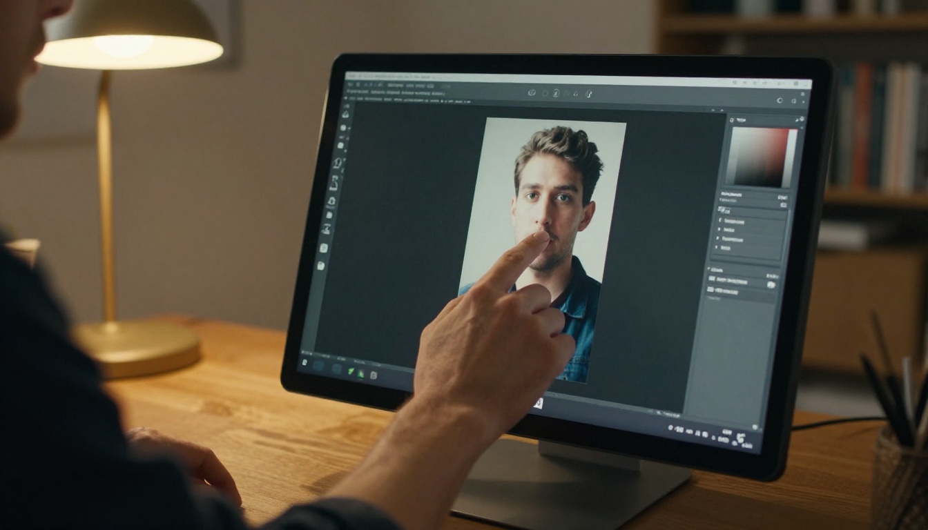 Graphic designer using touchscreen to reveal upscaled sharp portrait Graphic designer using touchscreen to reveal upscaled sharp portrait