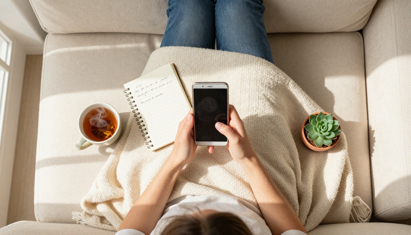 Overhead flat-lay of woman on sofa with phone, notepad, tea mug, succulent plants