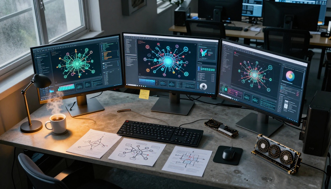 Aerial top-down view of an AI research workstation with multiple monitors displaying neural network diagrams and image generation outputs Aerial top-down view of an AI research workstation with multiple monitors displaying neural network diagrams and image generation outputs