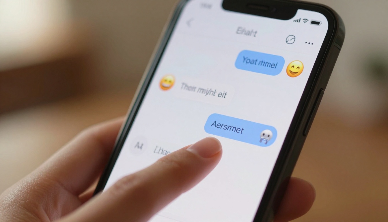Phone screen close-up with AI chat interface bubbles, woman's fingers about to type