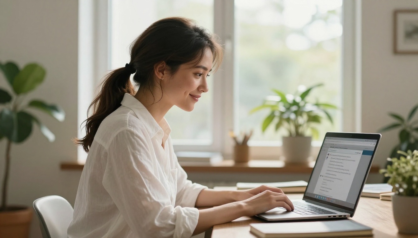 Beautiful woman at home office desk smiling at laptop chat interface, warm window light