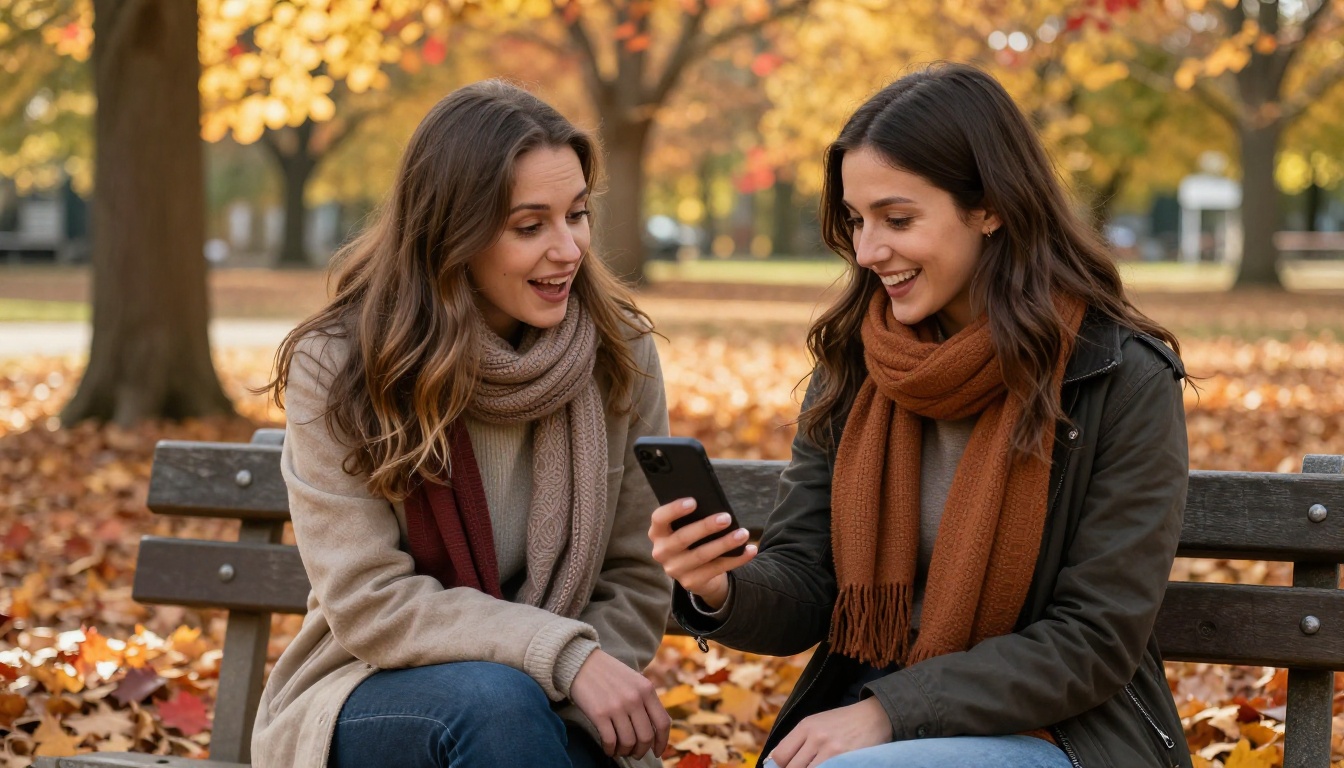 Two women friends on autumn park bench, one excitedly showing phone to the other, candid moment