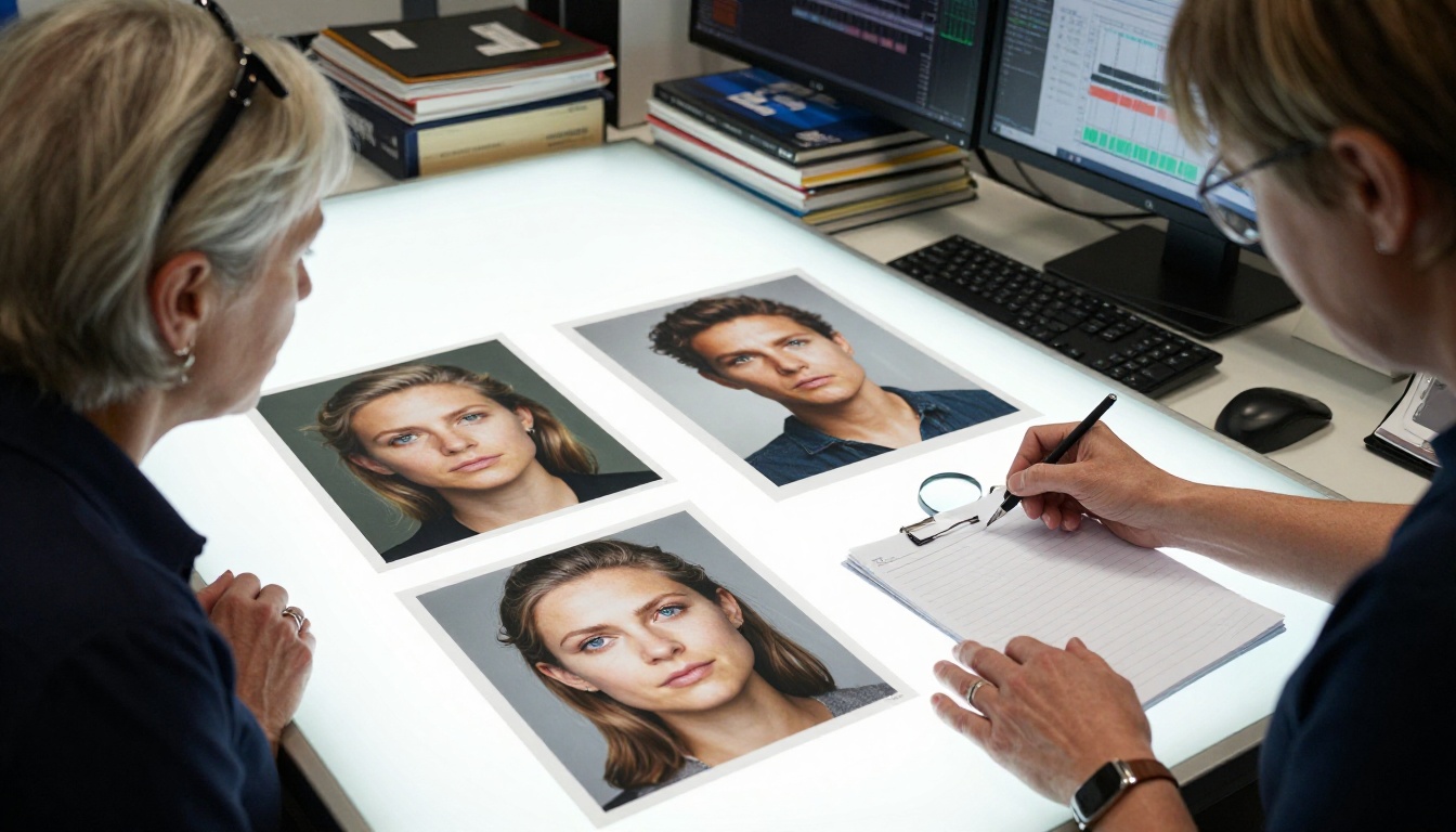 A creative director reviews two AI model output prints on a professional light table, annotating differences in realism and detail quality A creative director reviews two AI model output prints on a professional light table, annotating differences in realism and detail quality