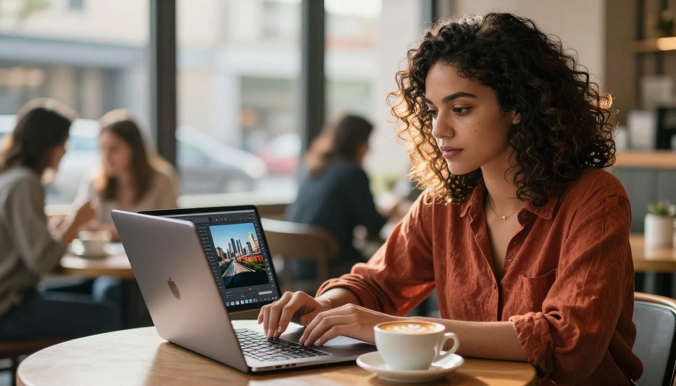 Woman at cafe using laptop to process images with upscaling tool Woman at cafe using laptop to process images with upscaling tool