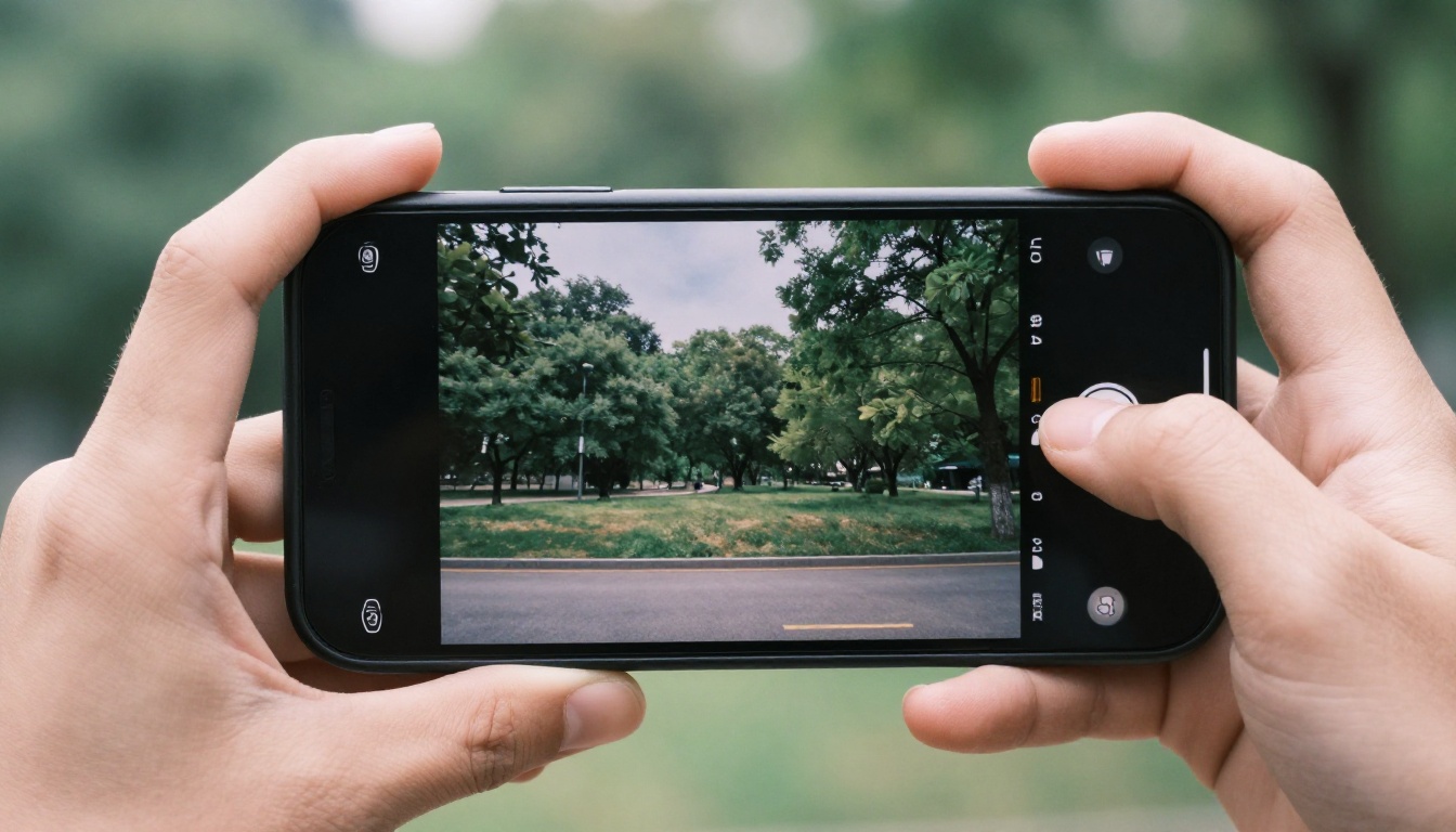 Smartphone held showing crystal-clear upscaled landscape photo Smartphone held showing crystal-clear upscaled landscape photo