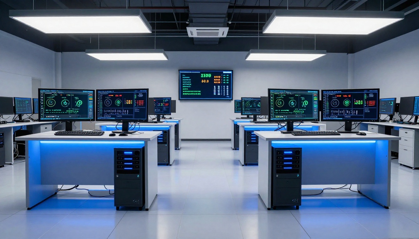 Two identical high-spec workstations side by side in a data center environment running AI generation performance benchmarks with live GPU metrics on display Two identical high-spec workstations side by side in a data center environment running AI generation performance benchmarks with live GPU metrics on display
