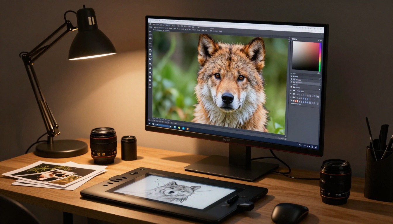Professional photo editing workstation with large monitor showing sharp upscaled animal portrait Professional photo editing workstation with large monitor showing sharp upscaled animal portrait