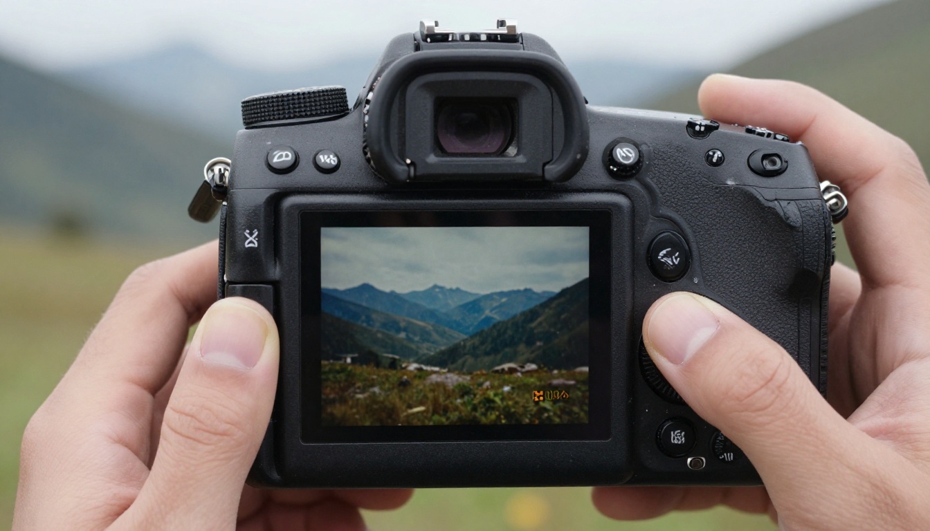 DSLR camera LCD screen showing mountain landscape before and after comparison DSLR camera LCD screen showing mountain landscape before and after comparison