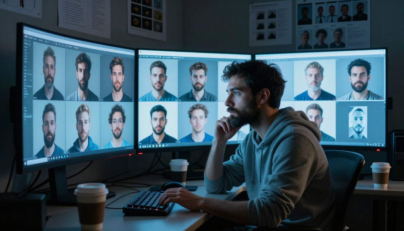 A digital artist evaluates a grid of AI-generated portrait outputs across three curved ultrawide monitors in a dimly lit studio, comparing quality variations between models A digital artist evaluates a grid of AI-generated portrait outputs across three curved ultrawide monitors in a dimly lit studio, comparing quality variations between models