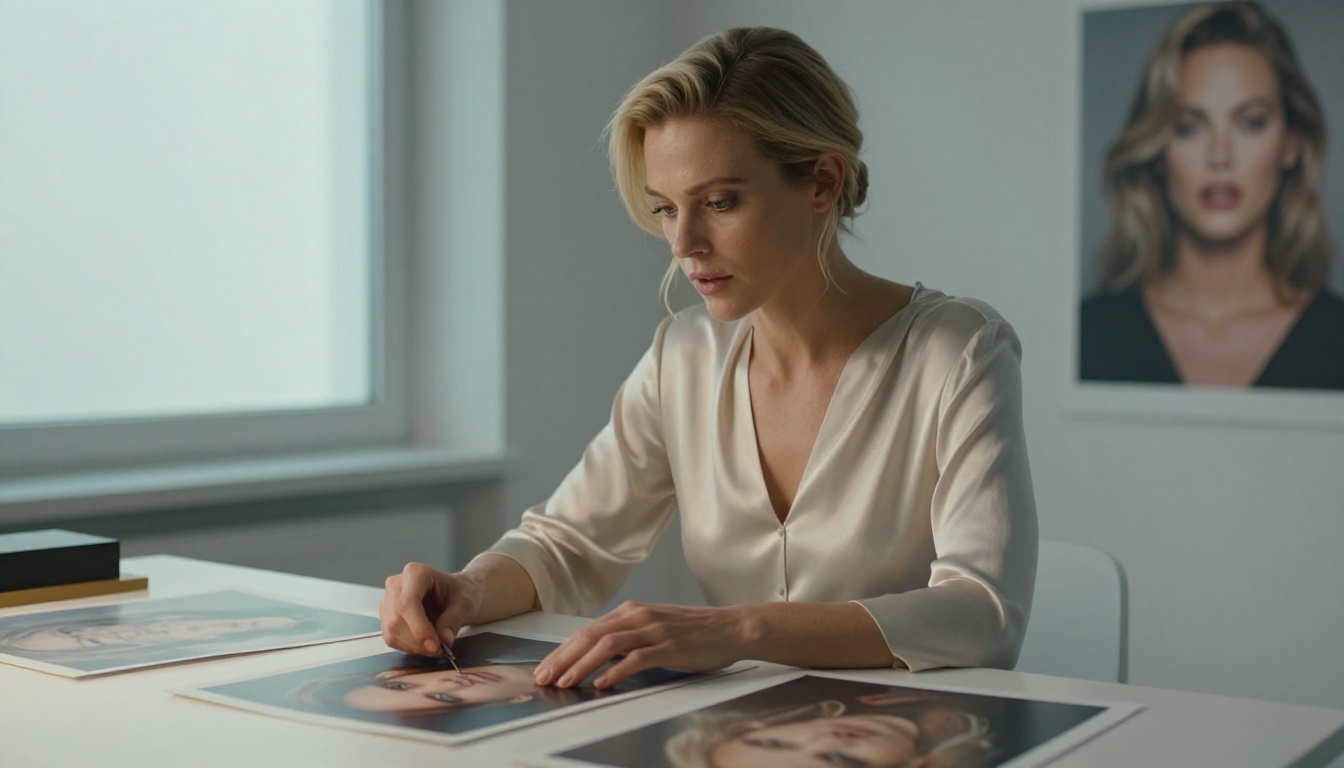 Photorealistic woman reviewing AI-generated portrait prints at a minimalist white desk