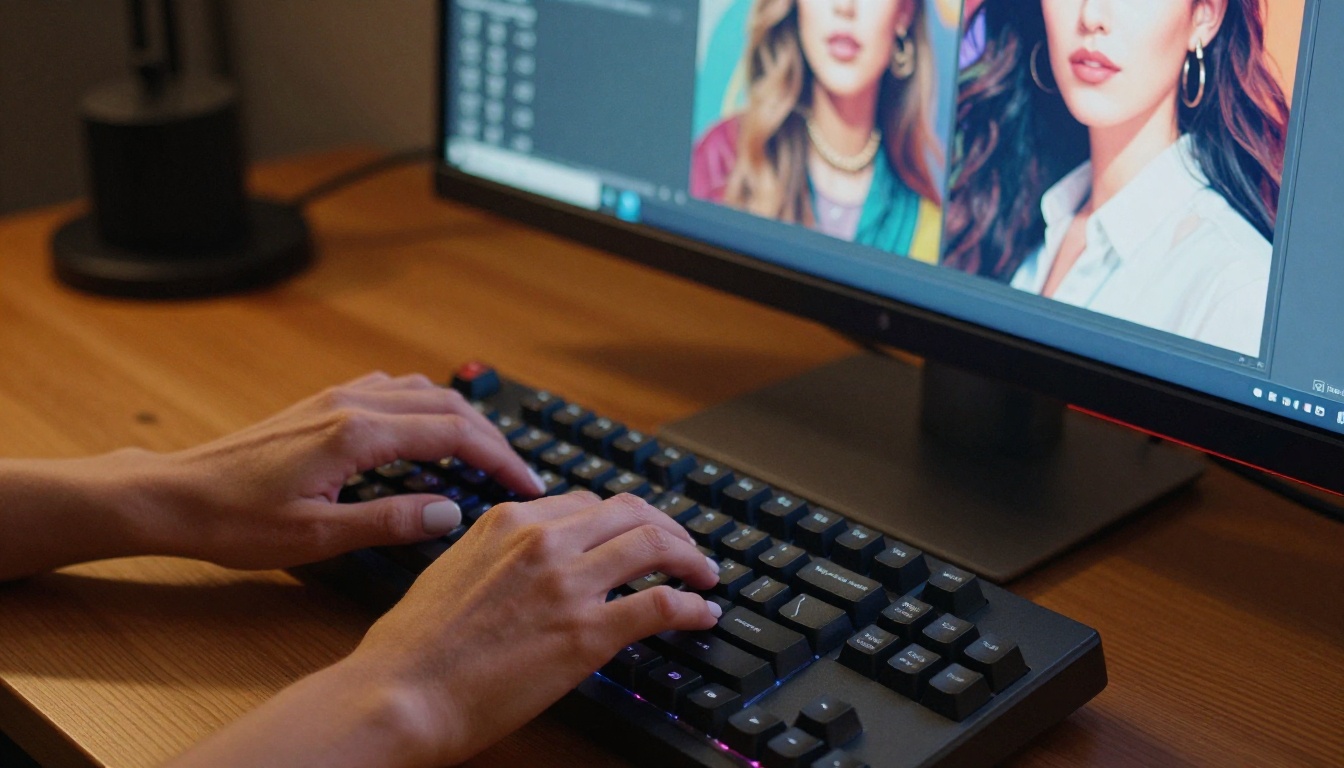 Photorealistic close-up of woman's hands typing on a mechanical keyboard, creative studio background