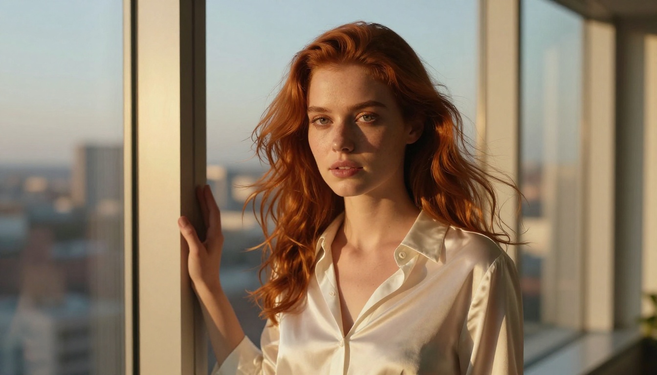 Photorealistic portrait of a woman with auburn hair by a window