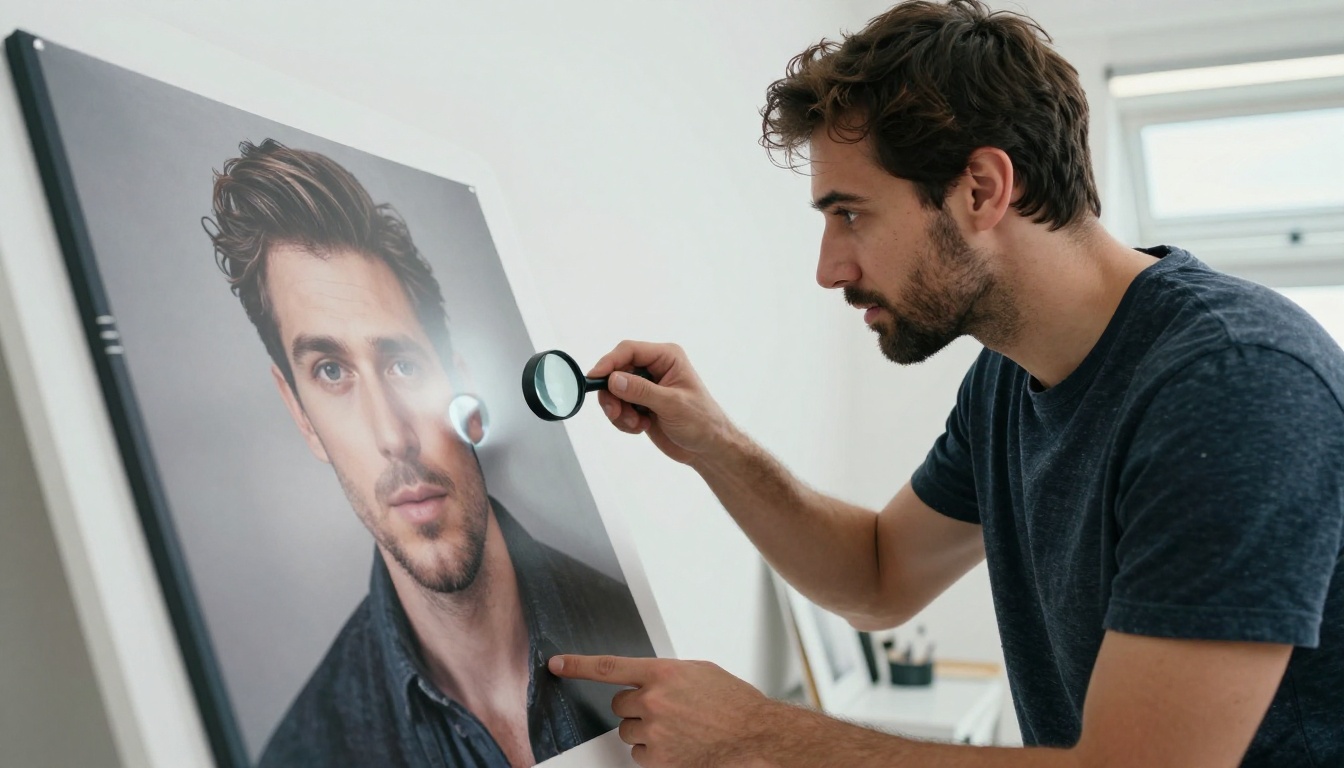 Professional photographer examining large backlit photorealistic portrait prints in a bright modern studio