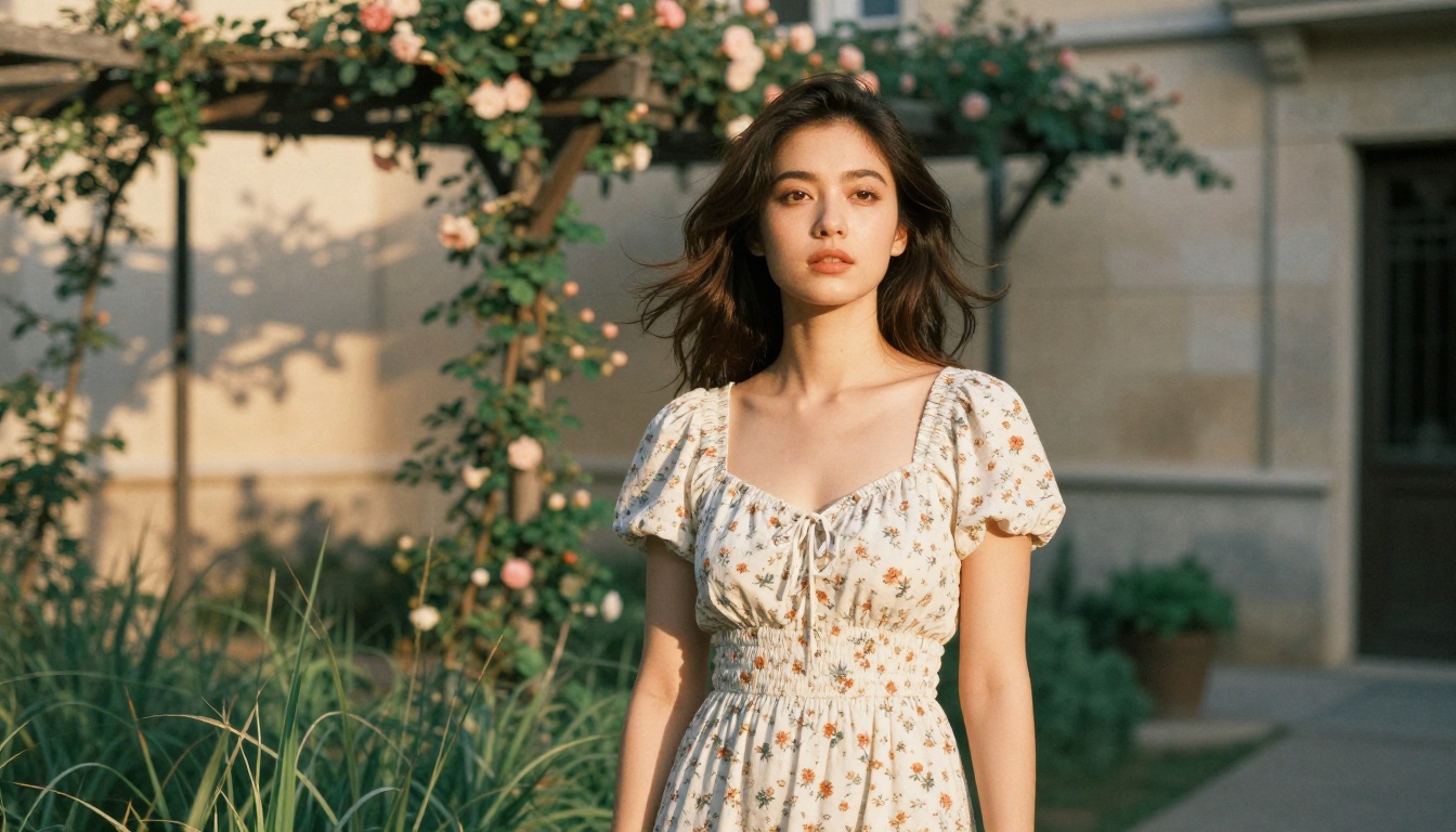 Confident woman in a garden at golden hour, low-angle perspective