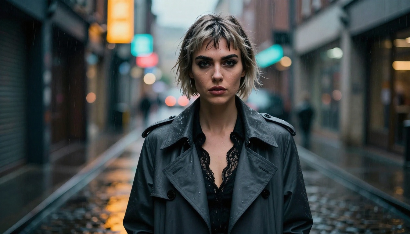 Striking woman with platinum hair standing in a rain-wet urban alleyway at blue hour, photorealistic editorial mood