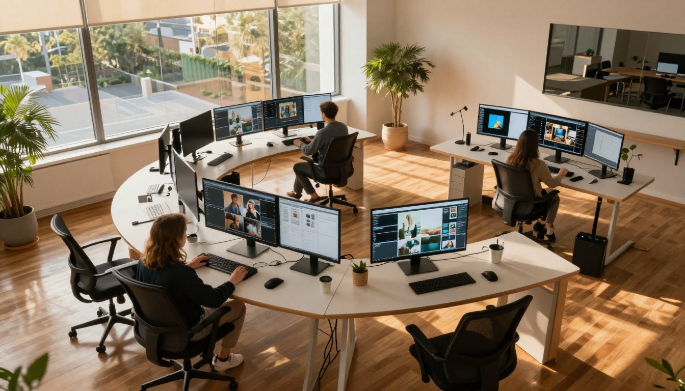 Modern open-plan digital studio with designers reviewing AI-generated image grids, warm afternoon sunlight, aerial view