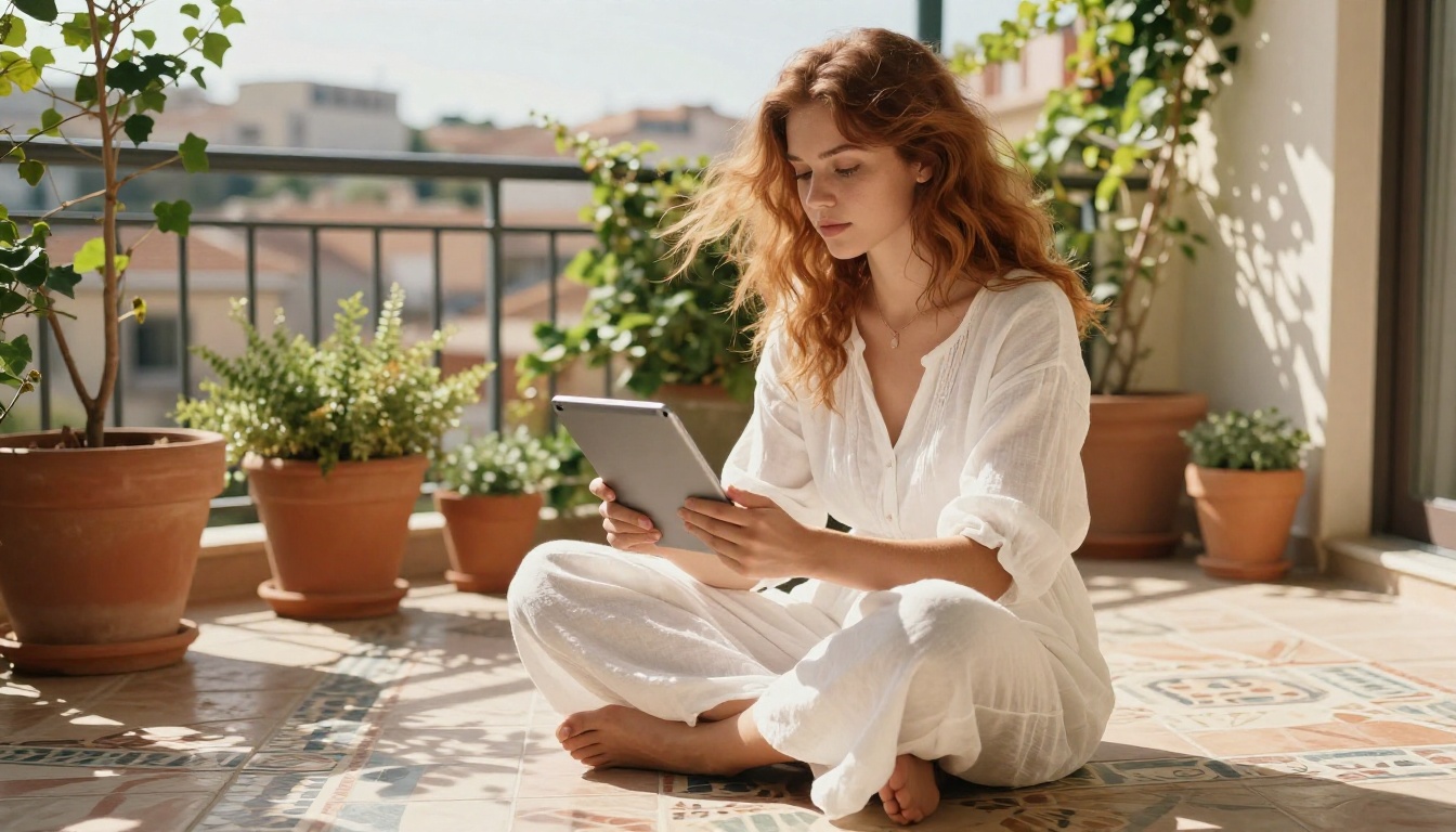 Woman on sunny balcony using a tablet