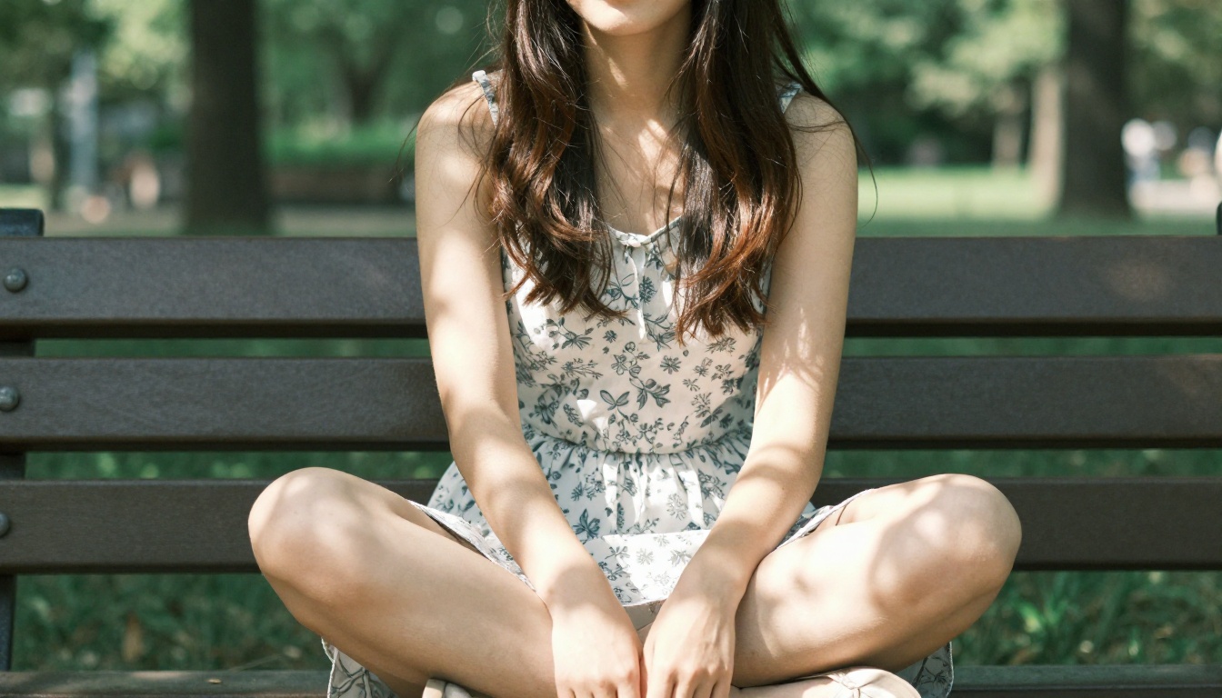 Slim petite woman sitting cross-legged on a sunlit park bench