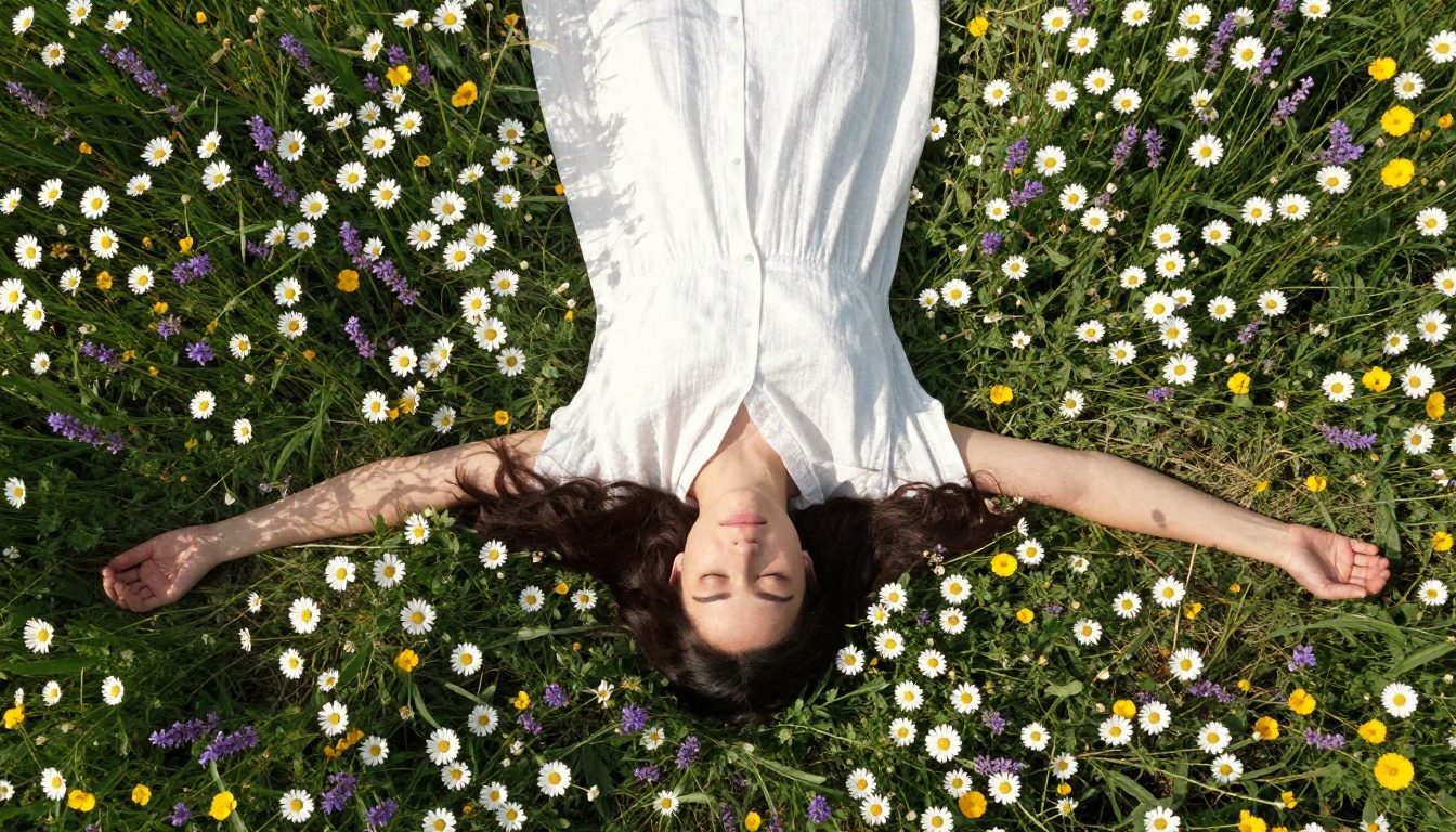 Aerial overhead shot of a woman lying in a wildflower field