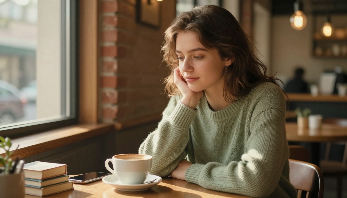 Young woman in a warm cafe setting with morning window light