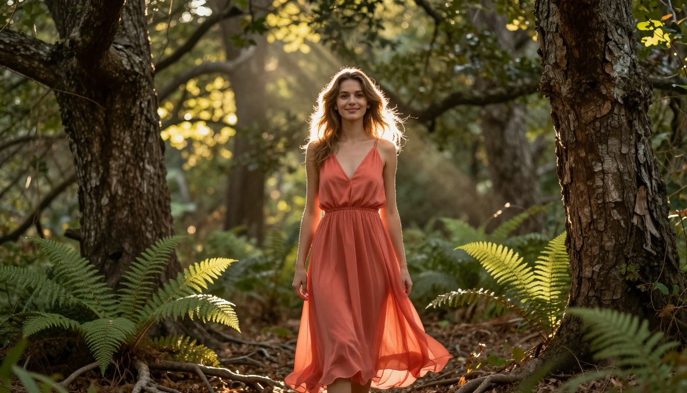 Woman in a sunlit forest between oak trees with dappled light