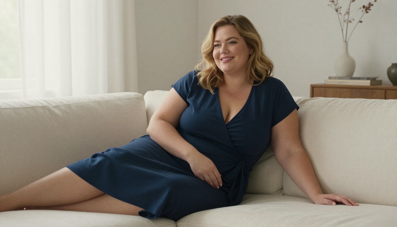 Voluptuous plus-size woman in a chic navy blue wrap dress on a cream sofa
