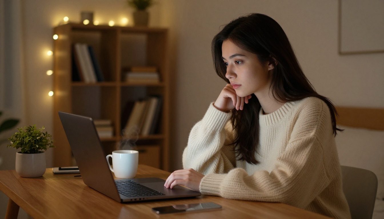 Woman at a glowing laptop in a cozy bedroom at night