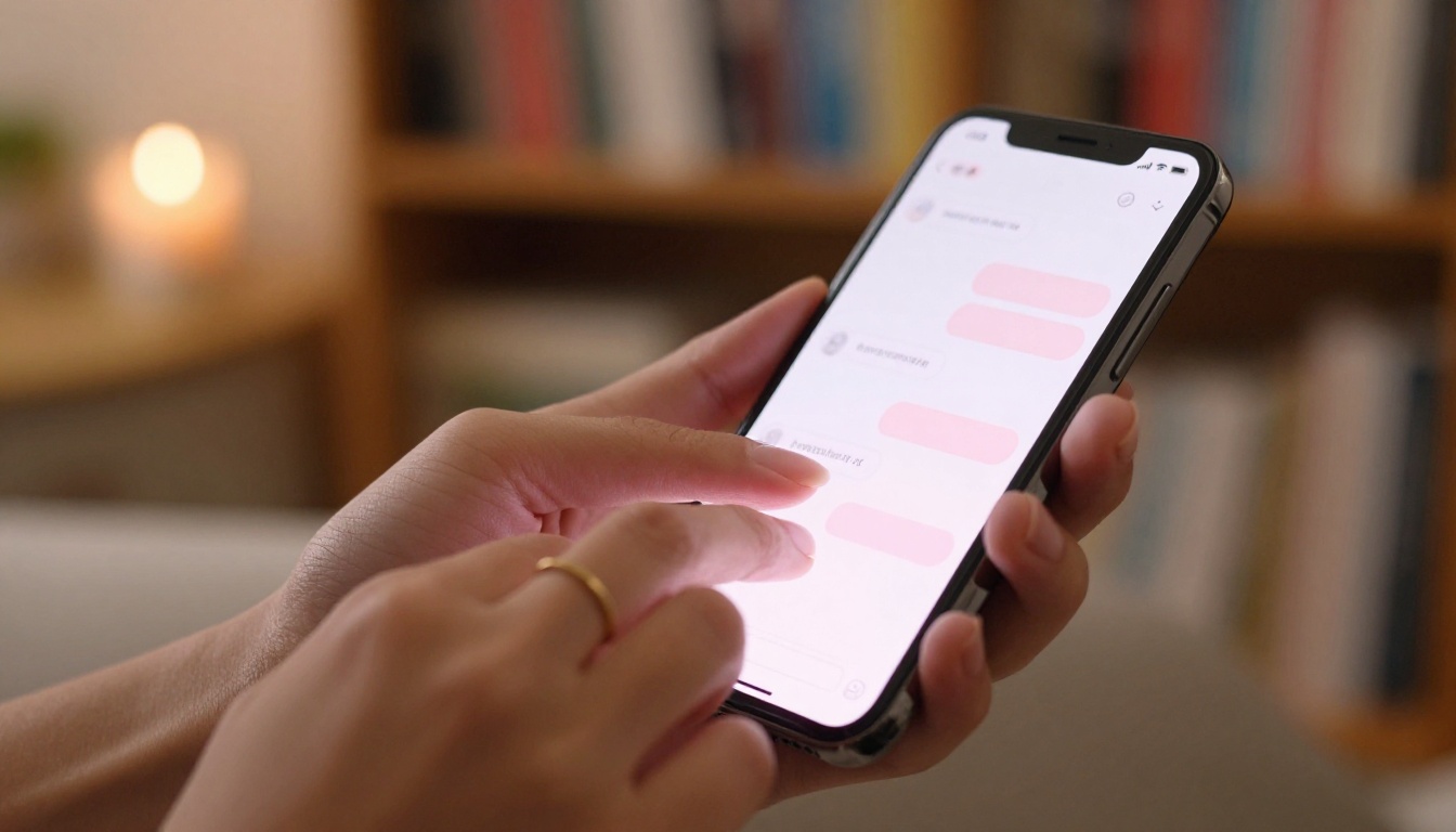 Close-up of hands typing on a smartphone showing chat bubbles