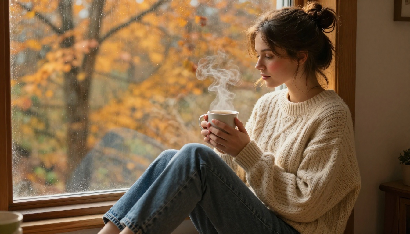 Woman in a cozy oversized cable-knit sweater sitting at a rain-speckled window in autumn