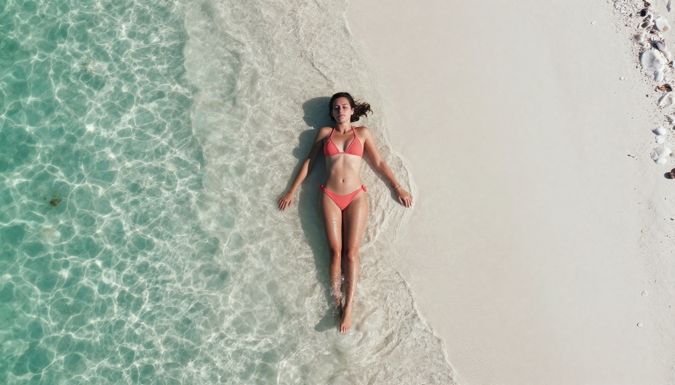 Aerial overhead shot of a woman in a coral bikini on white sand beach, water droplets glistening in midday sun Aerial overhead shot of a woman in a coral bikini on white sand beach, water droplets glistening in midday sun