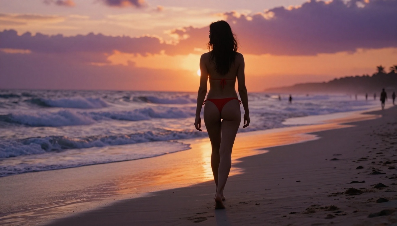 Woman in a red string bikini walking on a sunset shoreline, silhouette against orange-purple sky, footprints in wet sand Woman in a red string bikini walking on a sunset shoreline, silhouette against orange-purple sky, footprints in wet sand