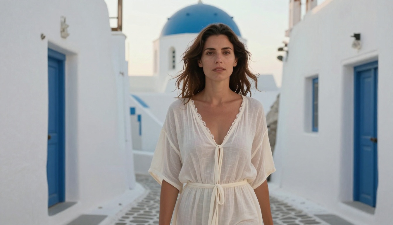 Woman in a sheer ivory cover-up in a sun-drenched Santorini alley, whitewashed walls, blue-domed church backdrop Woman in a sheer ivory cover-up in a sun-drenched Santorini alley, whitewashed walls, blue-domed church backdrop