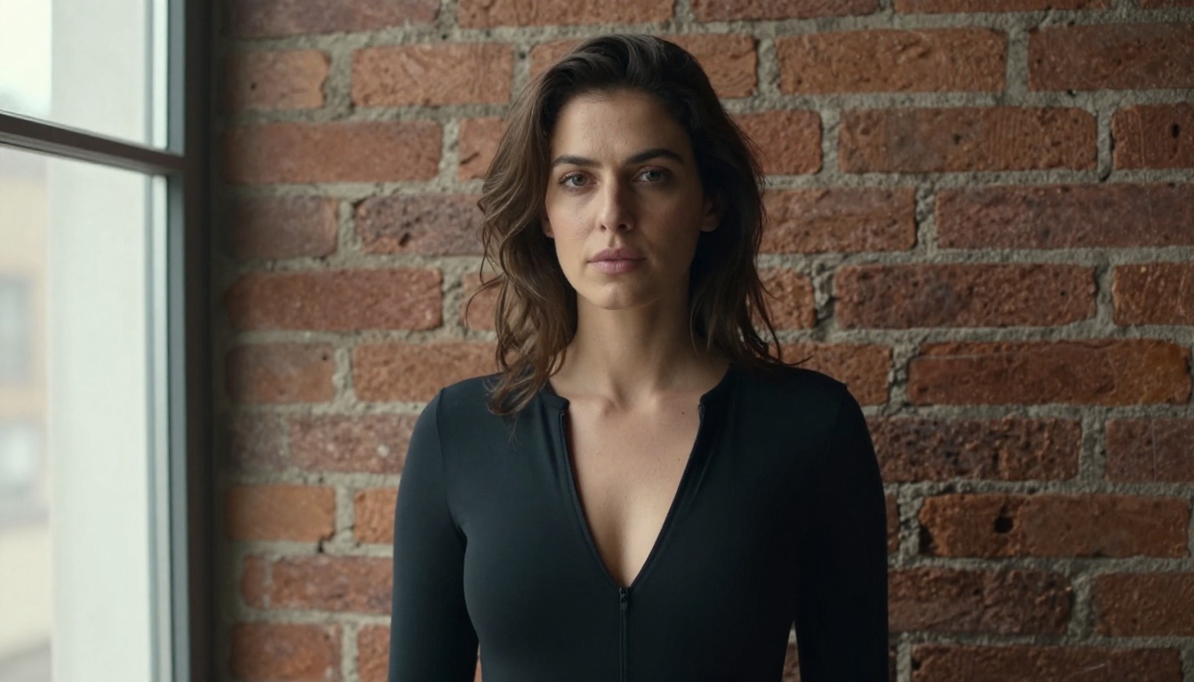 Brunette woman in a deep V-neck bodysuit against textured exposed brick wall, soft north window light, 85mm portrait depth of field Brunette woman in a deep V-neck bodysuit against textured exposed brick wall, soft north window light, 85mm portrait depth of field