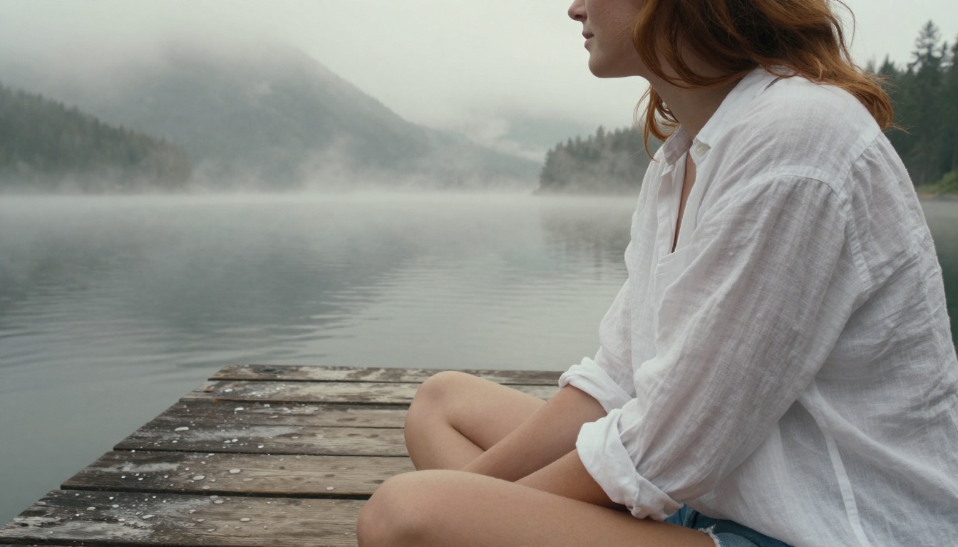 Redhead woman on a weathered wooden pier over misty mountain lake, 135mm telephoto portrait, morning mist atmospheric depth Redhead woman on a weathered wooden pier over misty mountain lake, 135mm telephoto portrait, morning mist atmospheric depth