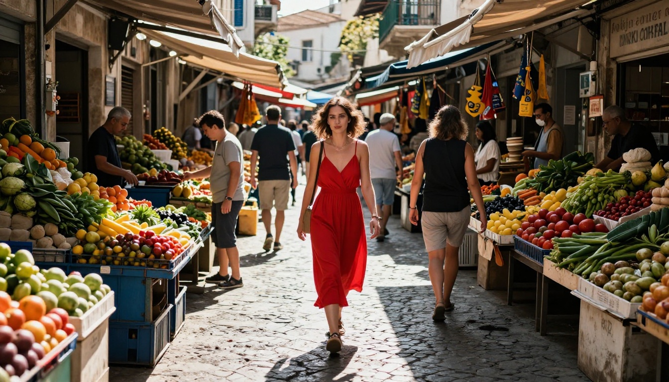 Woman in a vibrant red sundress walking through a busy Mediterranean market, dramatic striped morning light patterns on cobblestone Woman in a vibrant red sundress walking through a busy Mediterranean market, dramatic striped morning light patterns on cobblestone