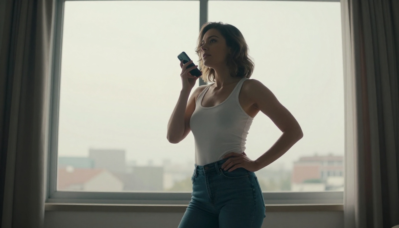 Low angle view of woman at window holding phone, confident pose Low angle view of woman at window holding phone, confident pose