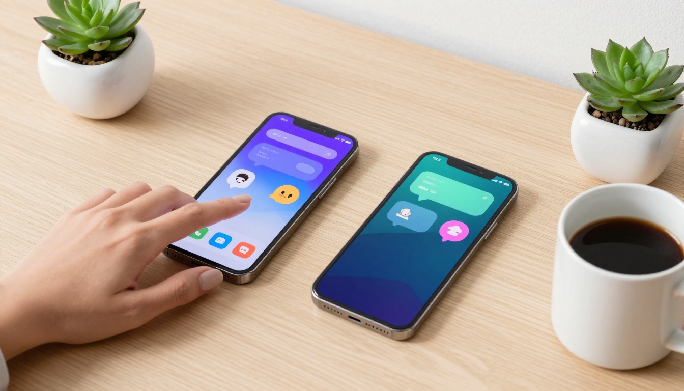 Two smartphones showing AI companion apps on desk, overhead view Two smartphones showing AI companion apps on desk, overhead view