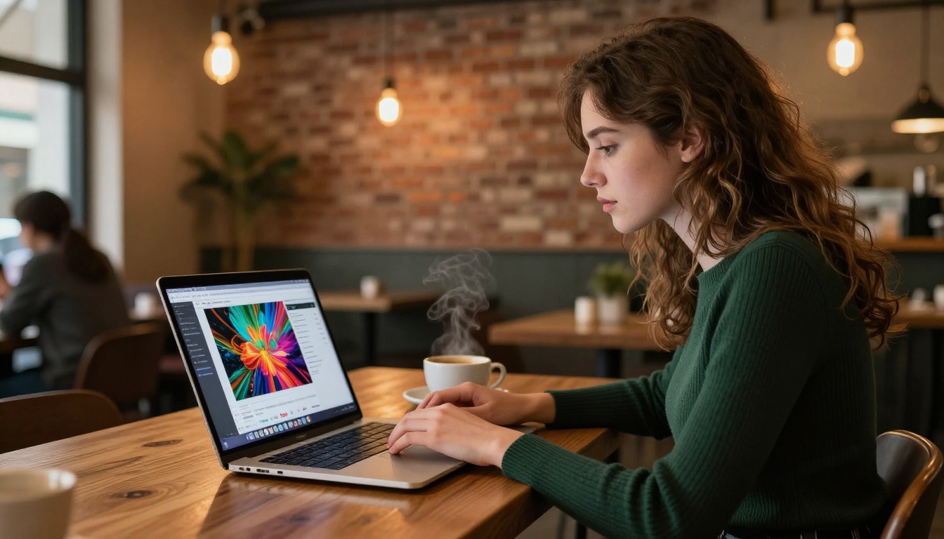Woman at cafe with laptop showing AI generation interface, warm Edison lighting Woman at cafe with laptop showing AI generation interface, warm Edison lighting