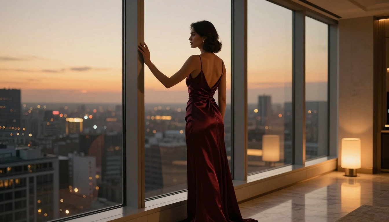 Elegant woman in burgundy silk dress by window at dusk, city lights background Elegant woman in burgundy silk dress by window at dusk, city lights background