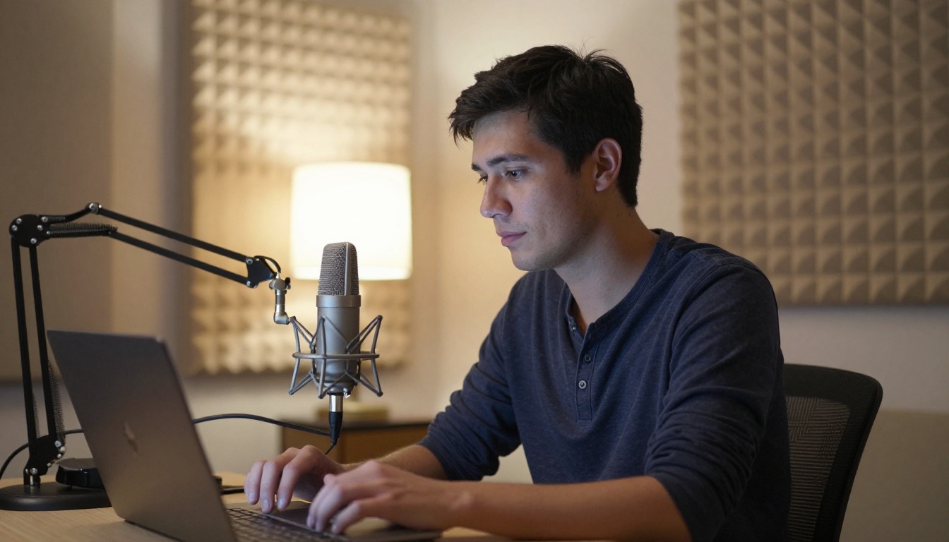 Man at home recording setup with condenser microphone and audio waveform on laptop