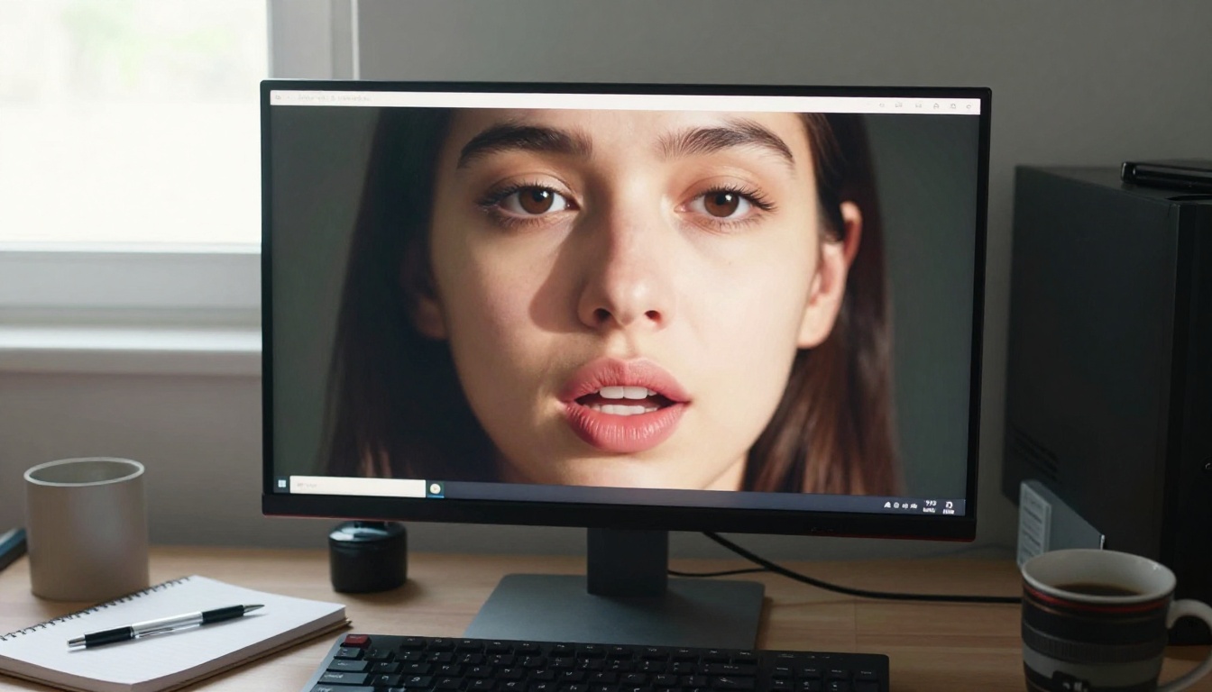 AI avatar talking head displayed on a desktop monitor screen