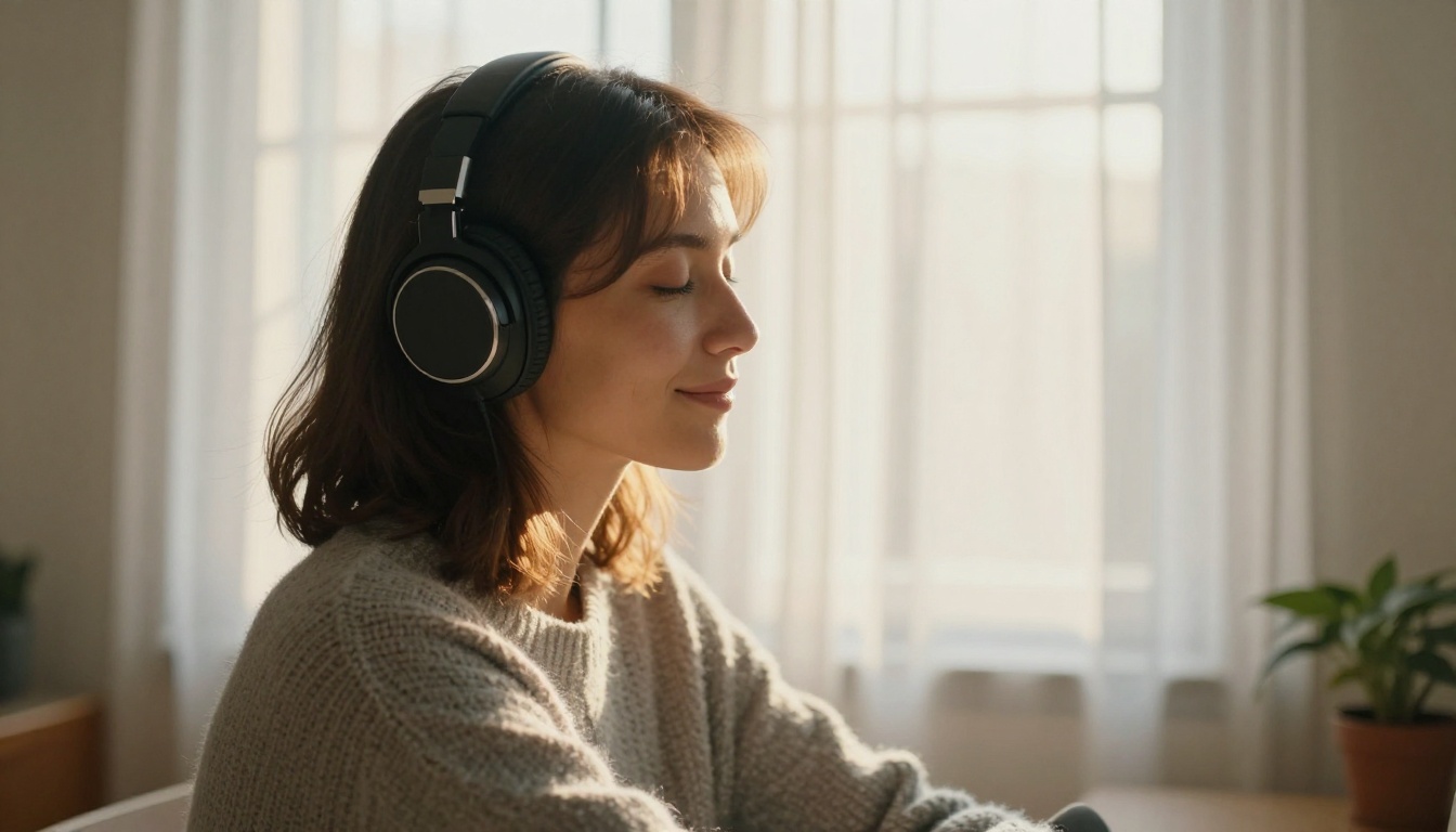 Woman with headphones listening to AI companion audio near a sunlit window