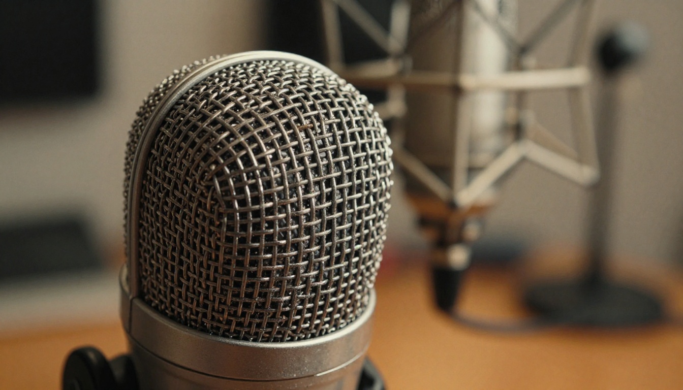 Professional condenser microphone close-up with warm tungsten studio lighting