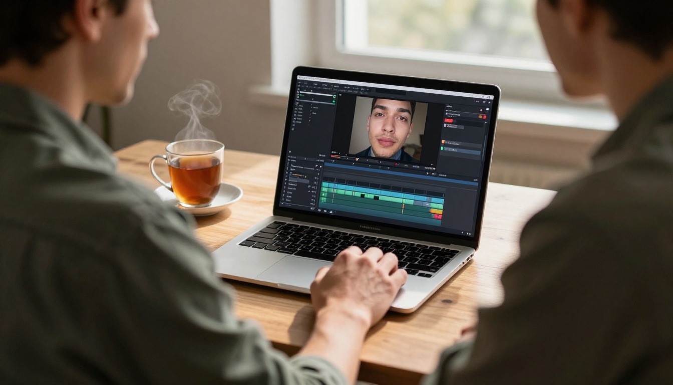 Over-the-shoulder view of lipsync video editing interface on laptop screen