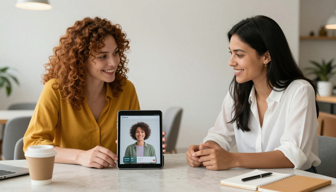 Two women at a co-working table both looking at an AI companion interface on a tablet