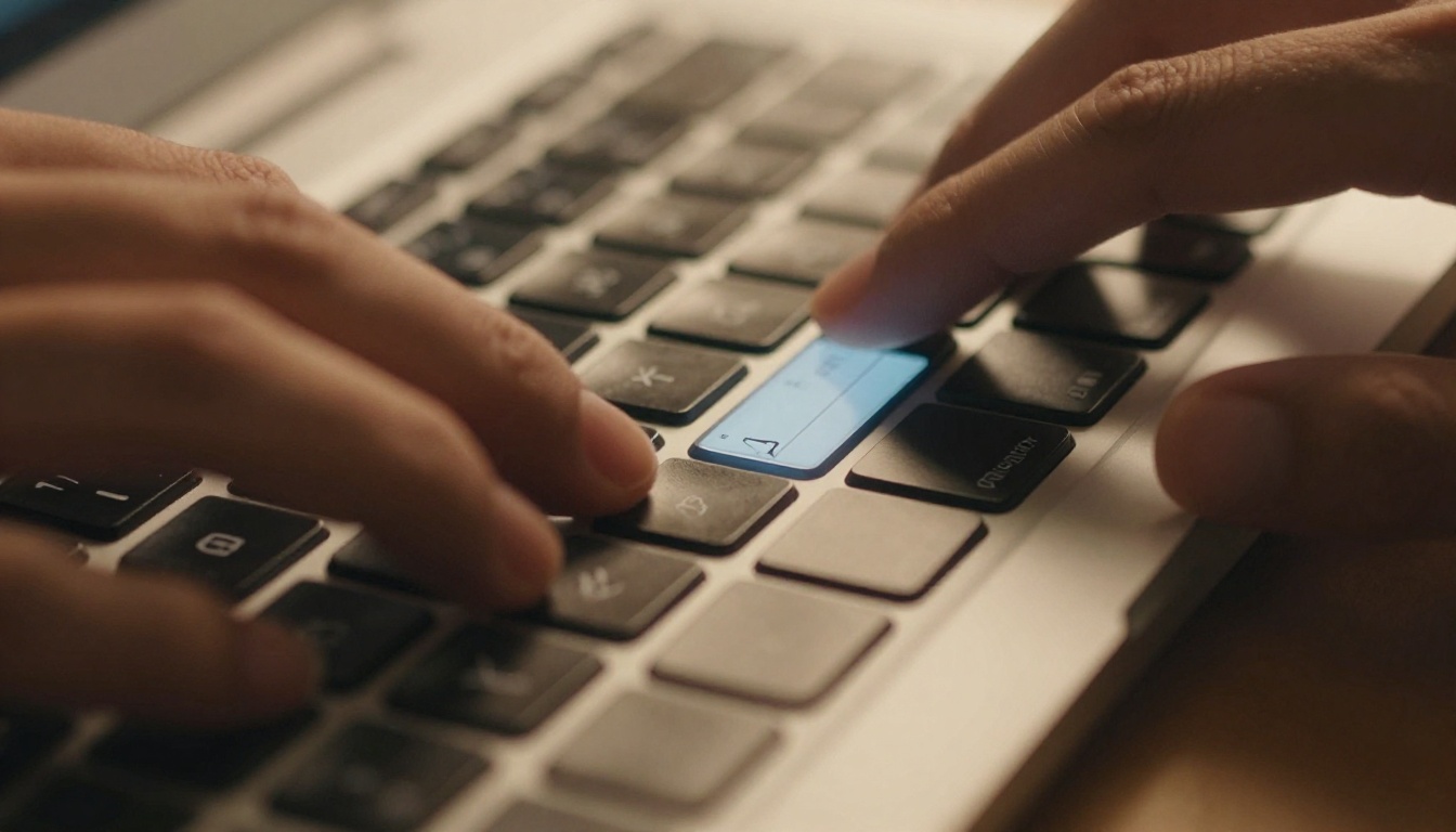Hands typing a text prompt into an AI companion interface on a laptop keyboard
