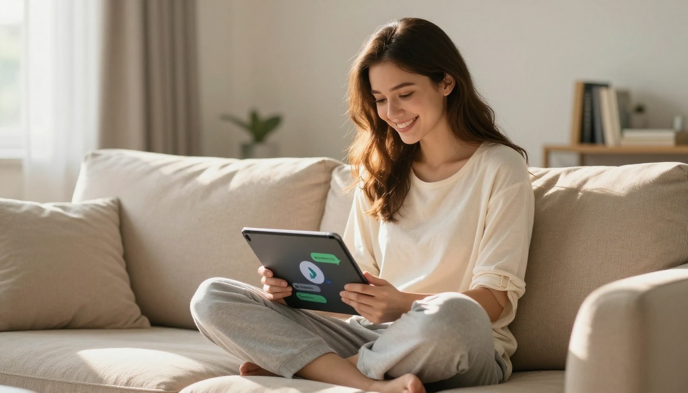 Young woman on a sunlit sofa interacting with an AI companion app on her tablet